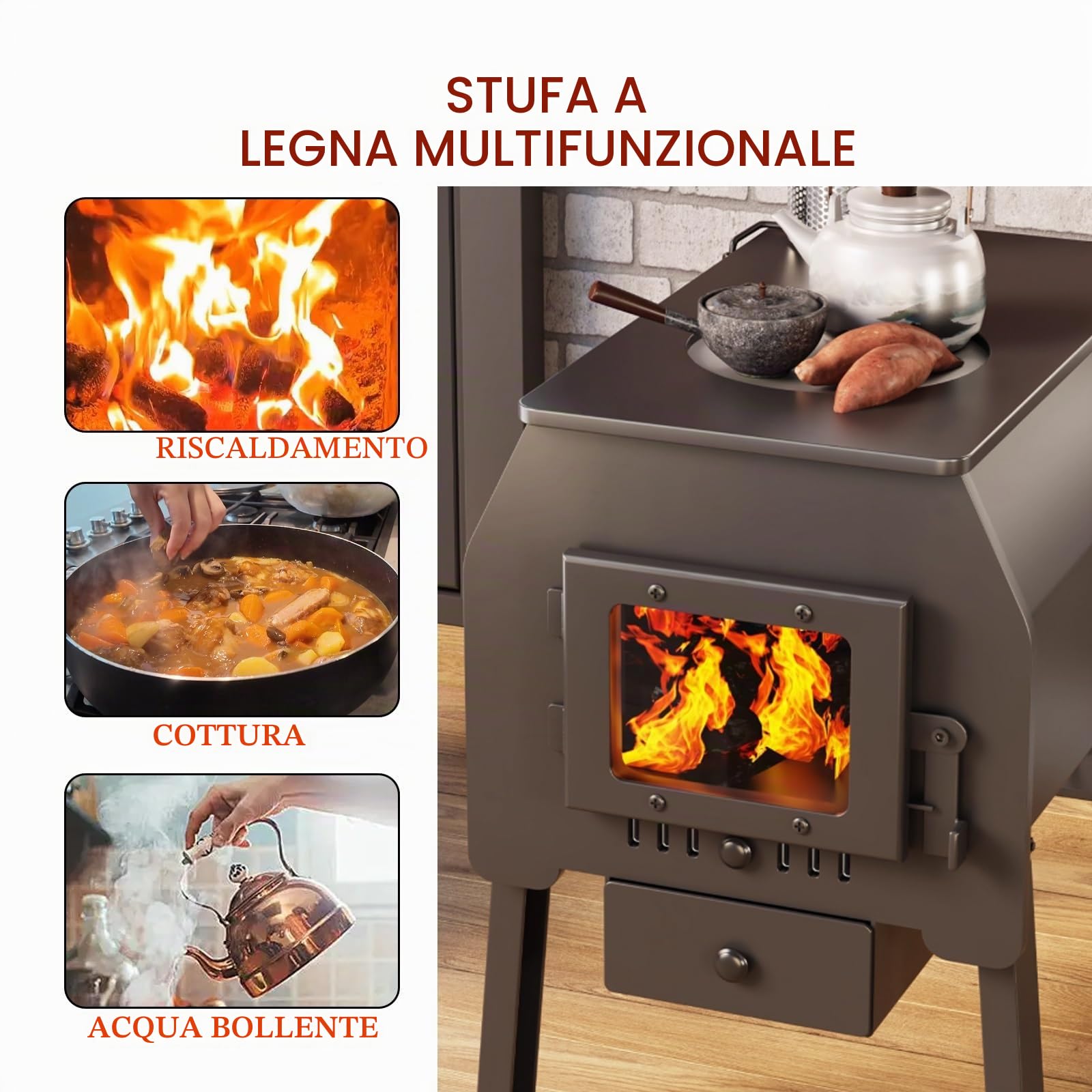 Stufa A Pellet, Cucina Economica A Legna Con Bocchettone Di Riempimento Del Combustibile Rapida Dissipazione Del Calore For Cucinare, Acqua Bollente