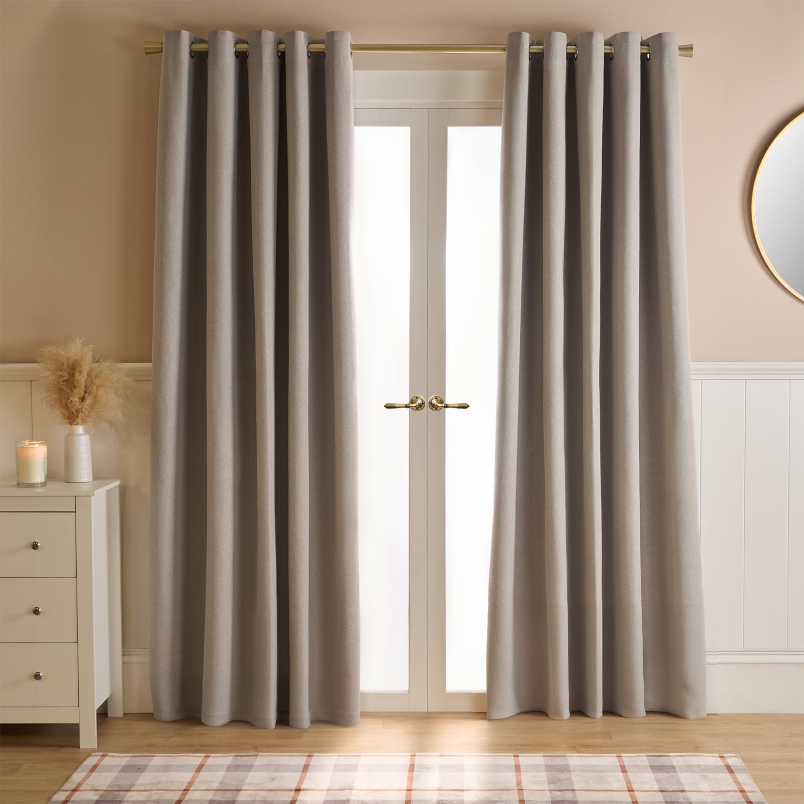 OHS Beige Eyelet Curtains Woven Texture, Decorative Lined Curtain for Summer Winter Blackout Long Curtains for Living Room Bedroom Soft Modern, 66x90
