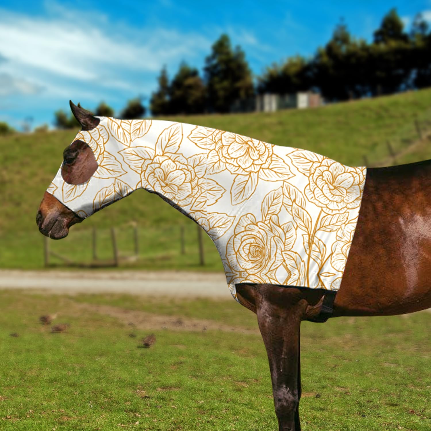 Horse Slicker Hood with Zipper: Snug Fit, No-Ears Design, and Extra Large Eye Holes for Face, Shoulders, Mane, Chest, and Withers - Perfect for Show-L(Flower)
