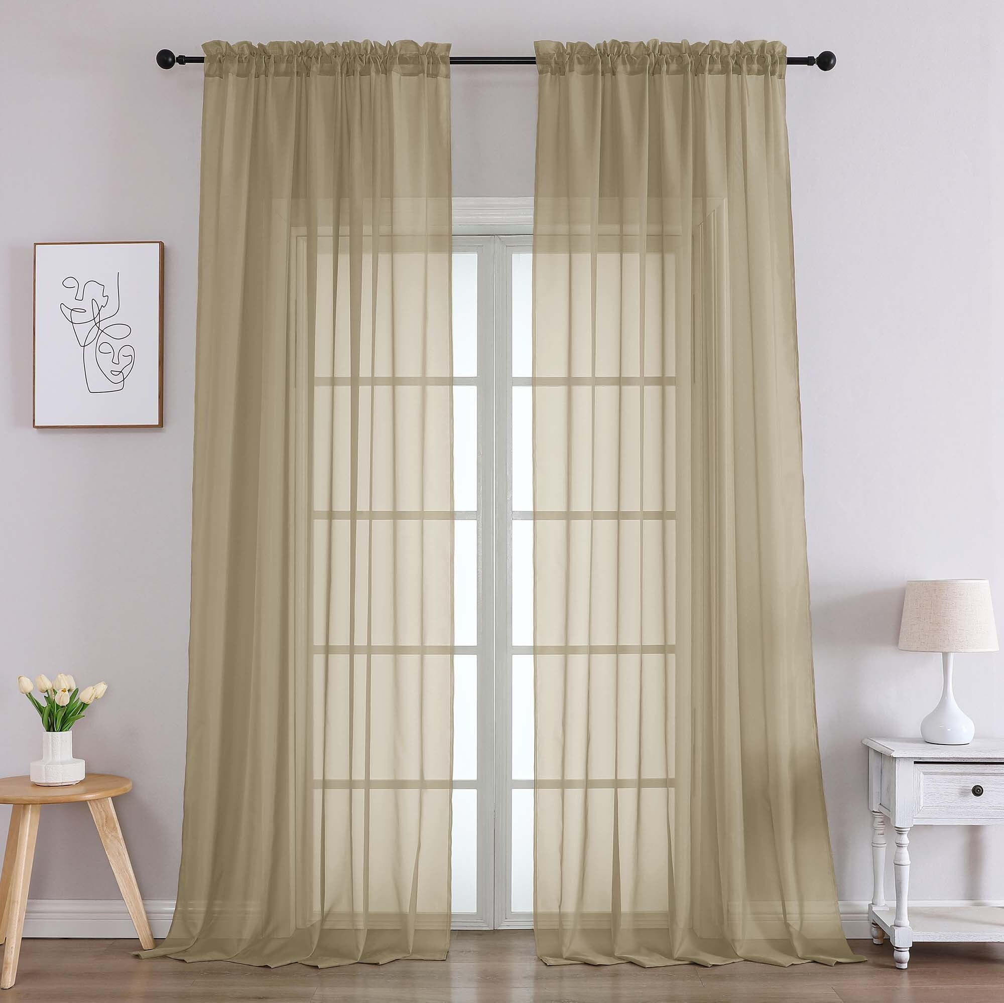 Chyhomenyc Taupe Sheer Curtains 96 Inches Long 2 Panels, Light Filtering Taupe Curtains for Living Room, Soft Gentle Voile Rod Pocket Bedroom Window Drapes, 59Wx96L Inch, 2PCS