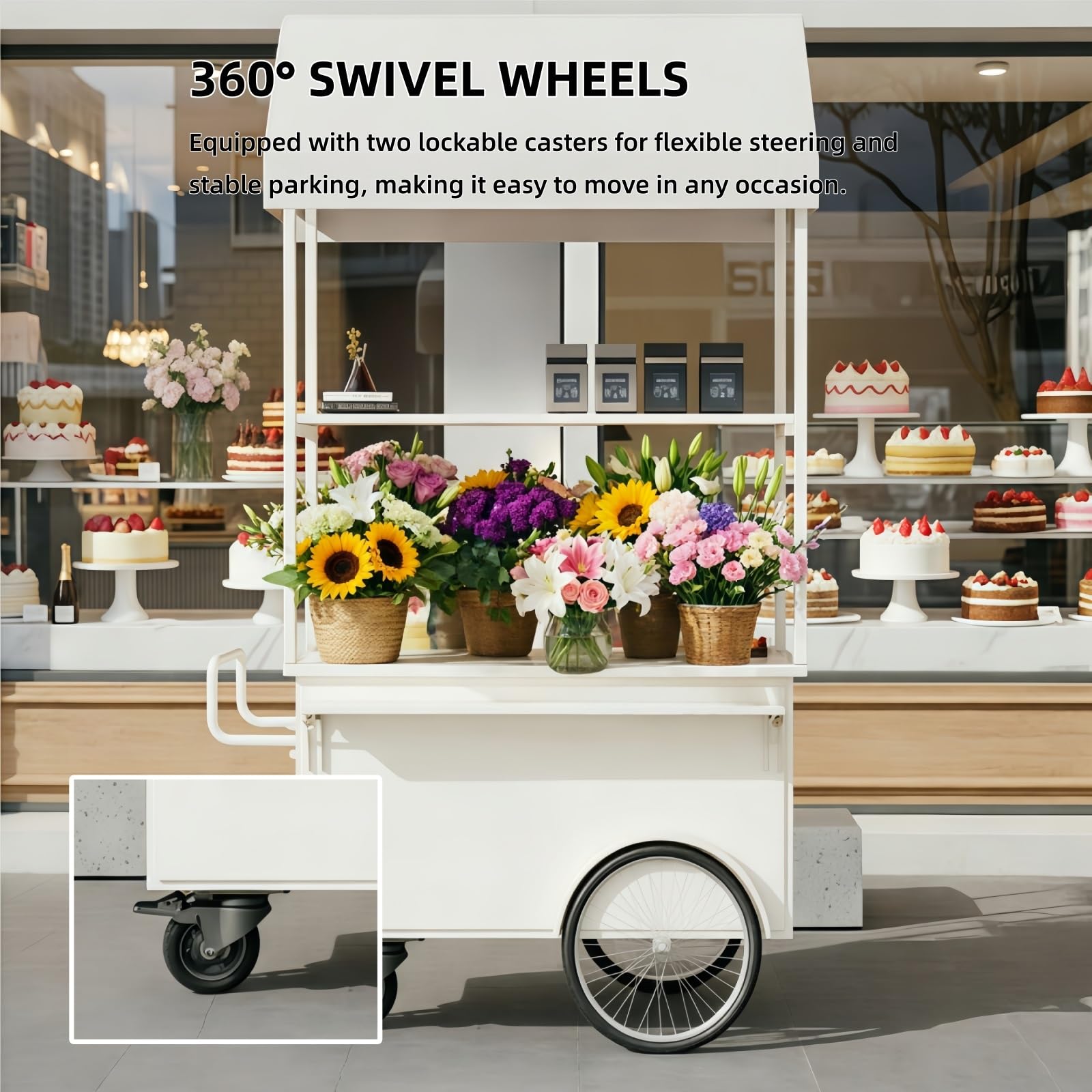 Blumen Verkaufswagen mit Lenkrollen, Mobiler Imbisswagen Tragbar for Marktstände, Außenverkauf und Pop-up Veranstaltungen(Yellow,55.1in/140cm)