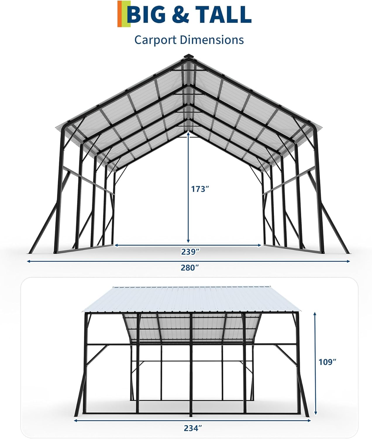 Garvee 20x20 ft Metal Carport Kit, 120° Steep-Pitch Vertical Roof for Snow Shedding, 173" High-Clearance RV & Tractor Shelter, Heavy-Duty 2 Cars Car Port with Reinforced Frame
