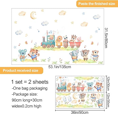 Miniatura 2 de Calcomanía extraíble de pared de animales de dibujos animados para fiesta, elefante, león, cebra, oso en el tren, diseño de estrellas de nube,