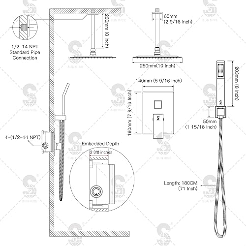 Miniatura 55 de SR SUN RISE Sistema de ducha montado en el techo de 12 pulgadas, mezclador de lluvia, sistema de cabezal de ducha de lluvia, dorado cepillado, Oro