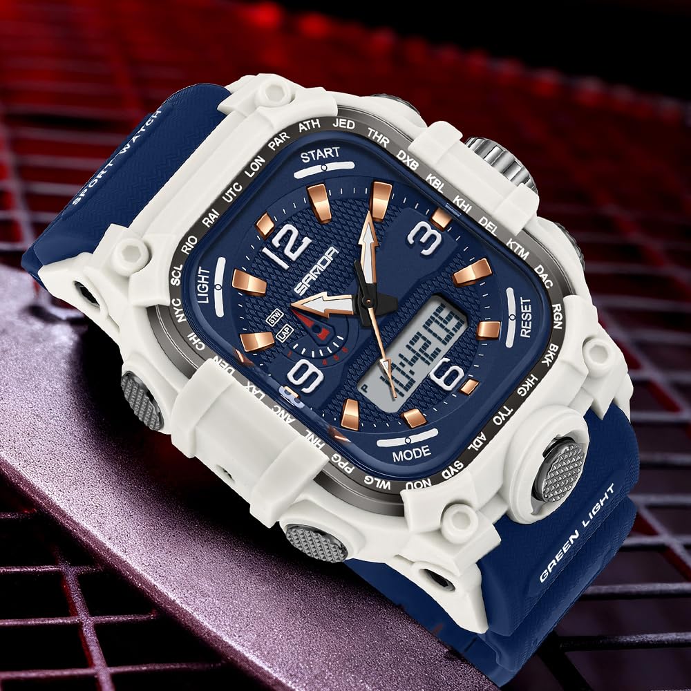 FANMIS Orologio sportivo da uomo, digitale, analogico, resistente all'acqua fino a 5 ATM, orologio da polso per esterni, multifunzione, orologio militare con display luminoso, conto alla rovescia