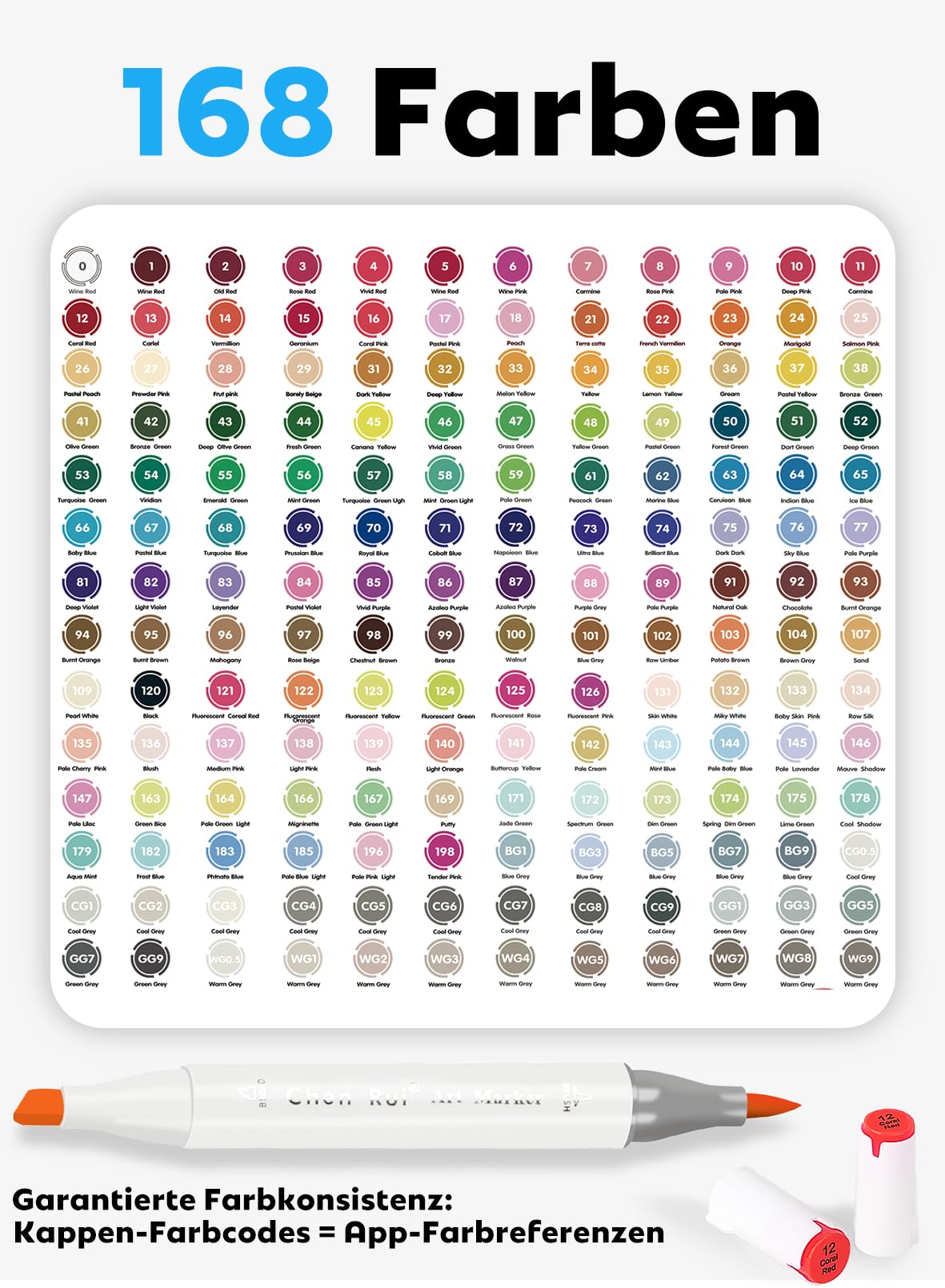 Chen Rui 168 Farben Alkohol Marker Pinselspitze mit App Alcohol Marker