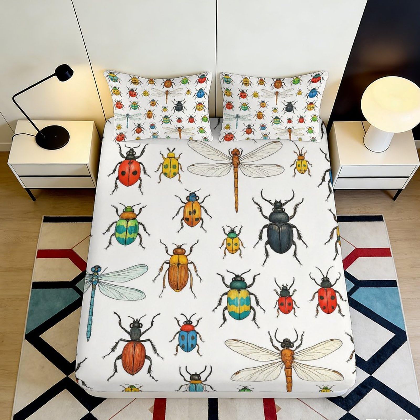 3D Printed Insect Beetle Fitted Sheet Microfiber Soft Colorful Dragonfly Mattress Cover for Bedroom Dorm Mattress Decor 120x200x25cm