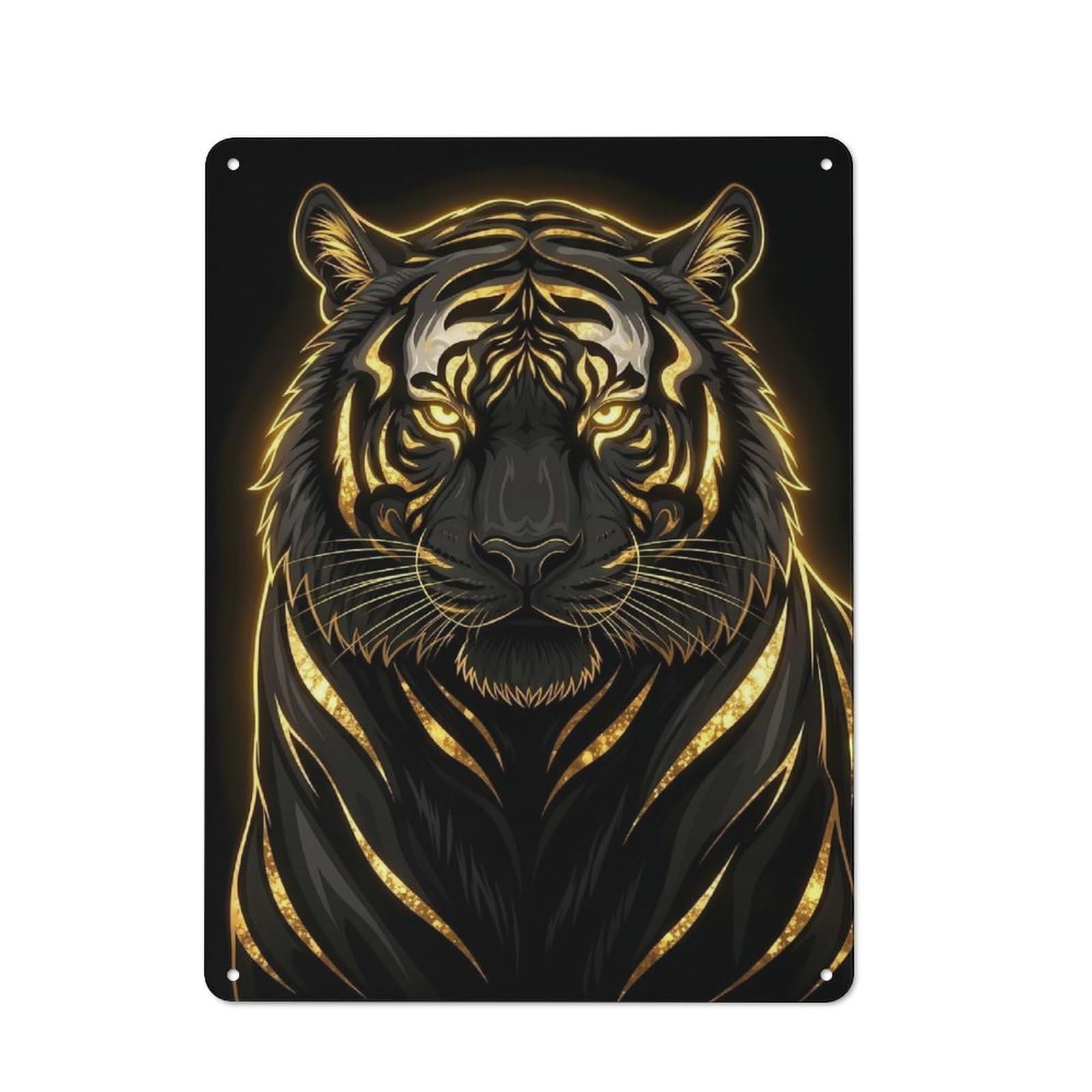 Junmoney Style-9 Golden Tiger Portrait On Black Background Rustic Tin Sign 40X30cm For Hallway Wall, For Home Decor Fans Who Collect Metal Signs