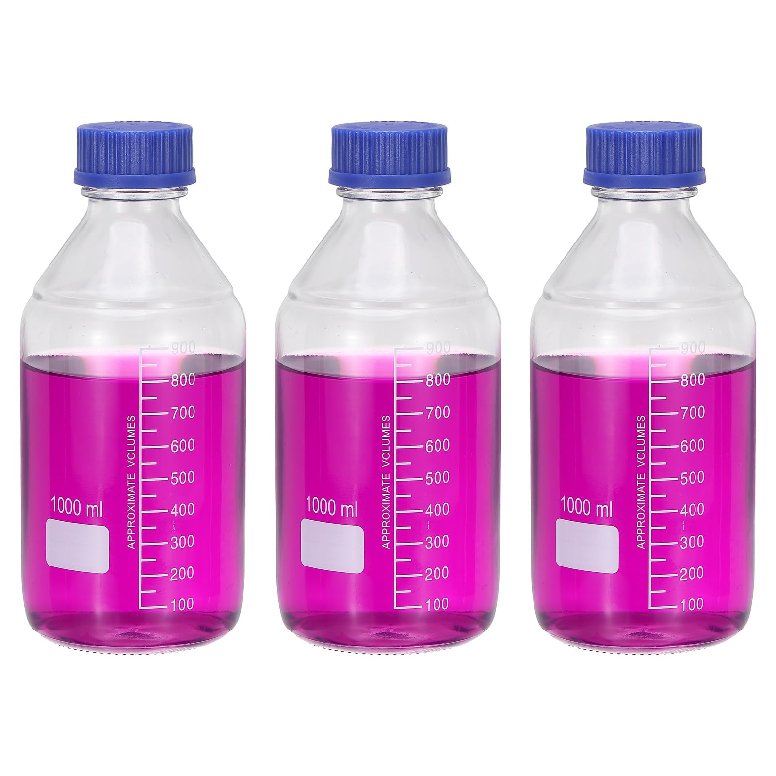 PATIKIL 3 Confezione Bottiglie Per Conservazione Reagenti, 1000ml Bottiglie Tonde Graduate In Vetro Borosilicato Con Tappo A Vite BLU GL32 Per Liquidi Reagenti Da Laboratorio, Trasparenti