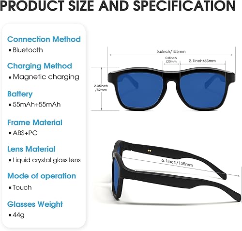 Miniatura 8 de Ai Translation - Lentes inteligentes con Chat GPT Bluetooth para hombres y mujeres con 140 idiomas (montura negra, lente azul) Marco negro lente