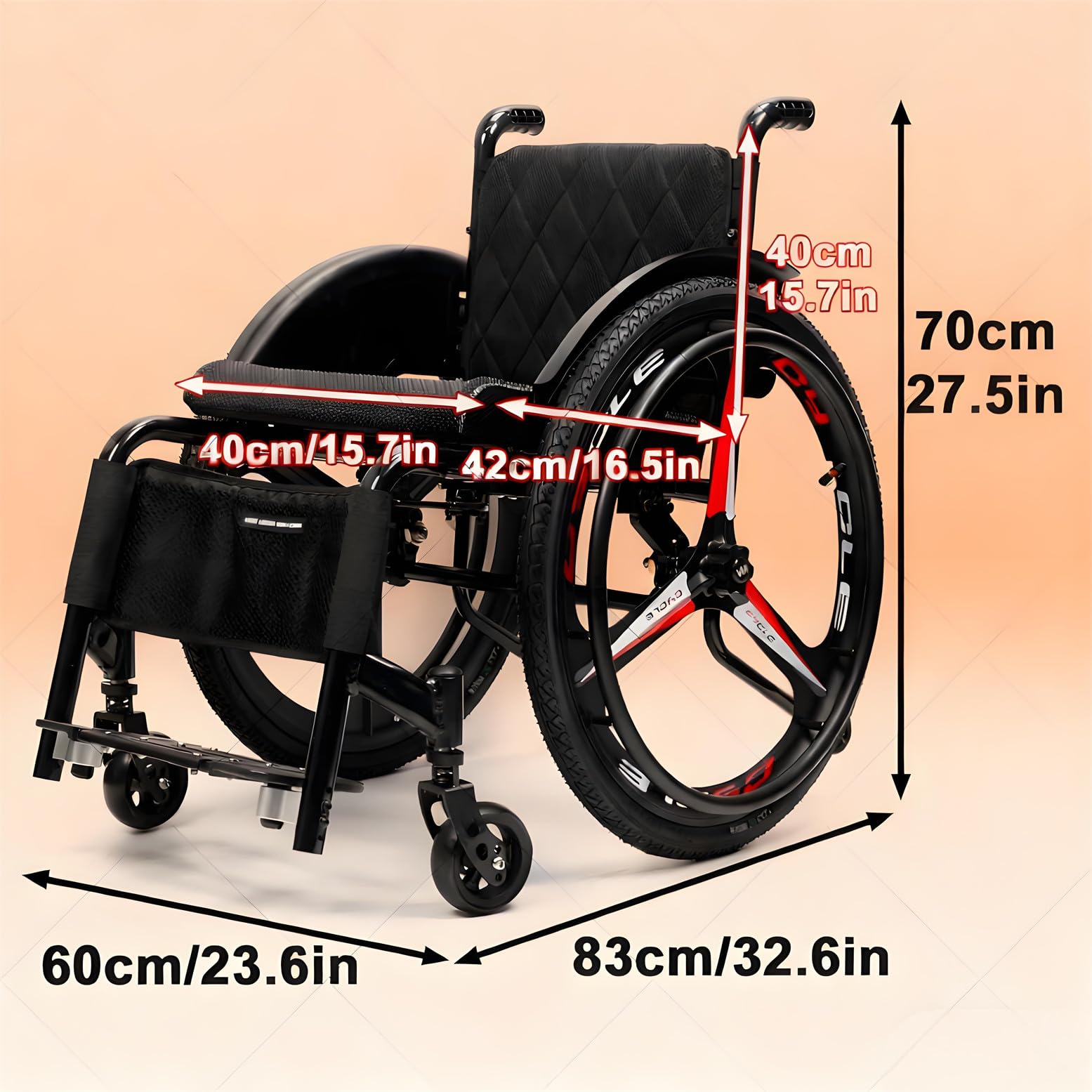 Silla de ruedas ultraligera deportiva y todo terreno, capacidad de 220 libras, ancho de asiento ajustable de 42 cm para mayor movilidad y rendimiento