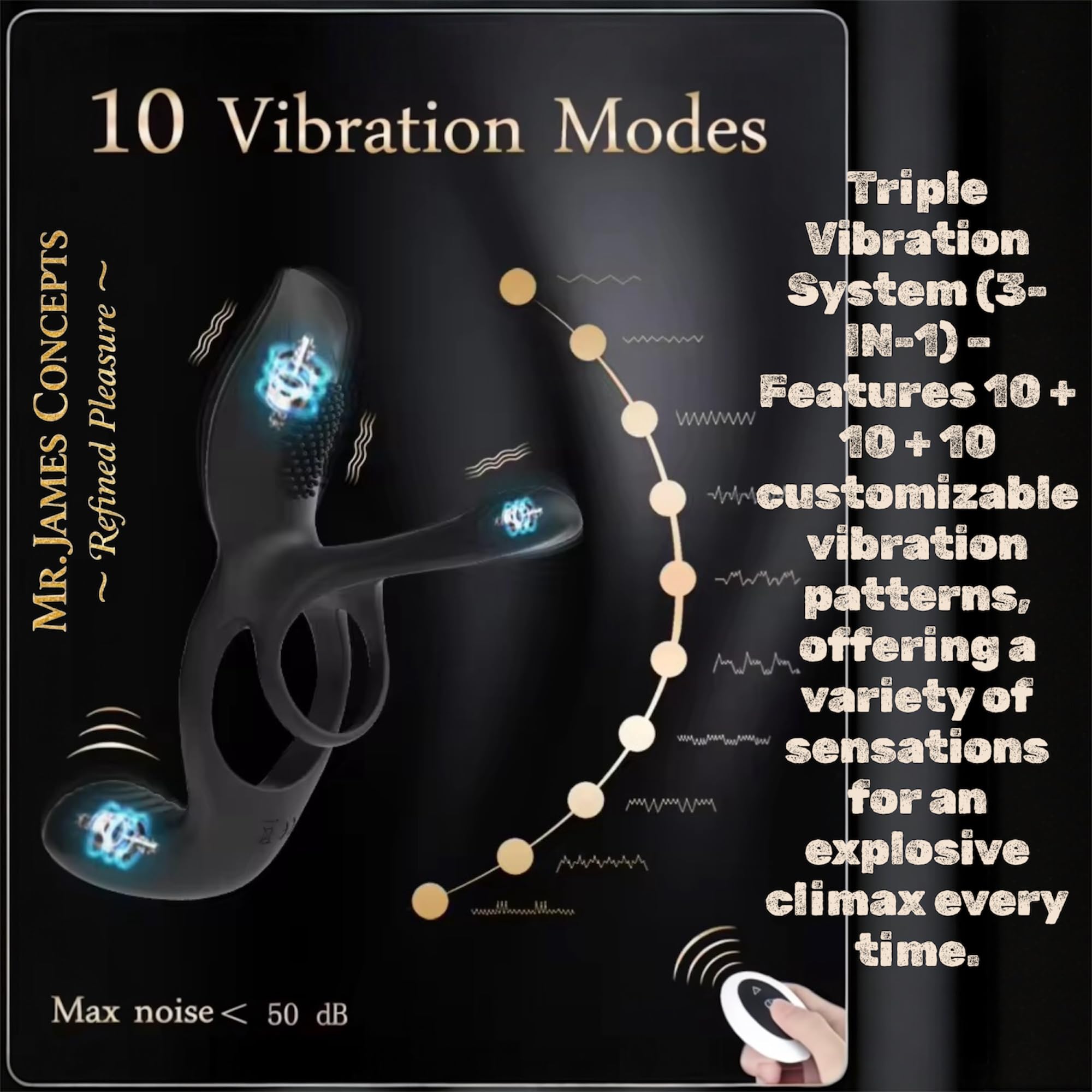 Mr. James Concepts – Stimolatore prostatico with Dual Ring – USB Magnetic Ricaricabileee maschile Vibrator, 10+10+10 modalità, Stretchable silicone, impermeabile, telecomando, Fits All