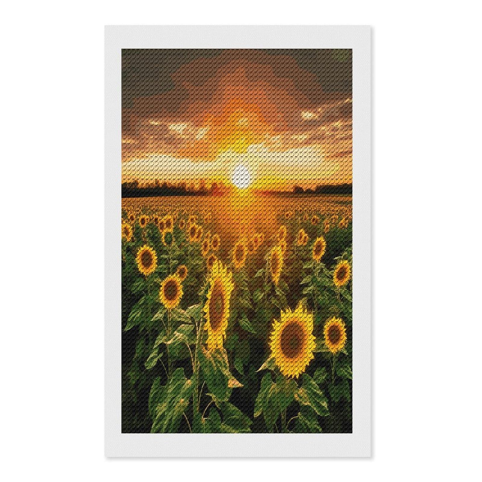 FekiLoot Sunflower Field Sunset Paint by Numbers Kit for Adults Beginner DIY Diamond Dots Paintings Round Full Drill Diamond Art Kits Picture Diamond Art Painting Kits for Home Decor 12"x20"