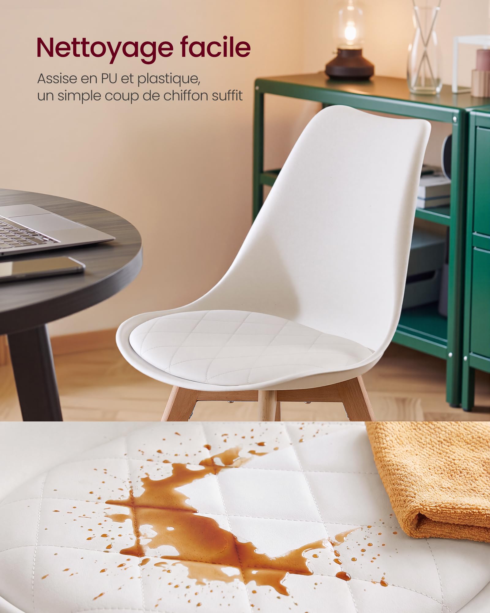 VASAGLE Chaises de Salle à Manger, Chaises de Cuisine avec Coussin en Cuir PU, Pieds en Bois de Hêtre, Lot de 4, 46,5 x 57 x 79 cm, Blanc Nuage, pour Salon, Bureau, Collection Lenna KDC888WD01