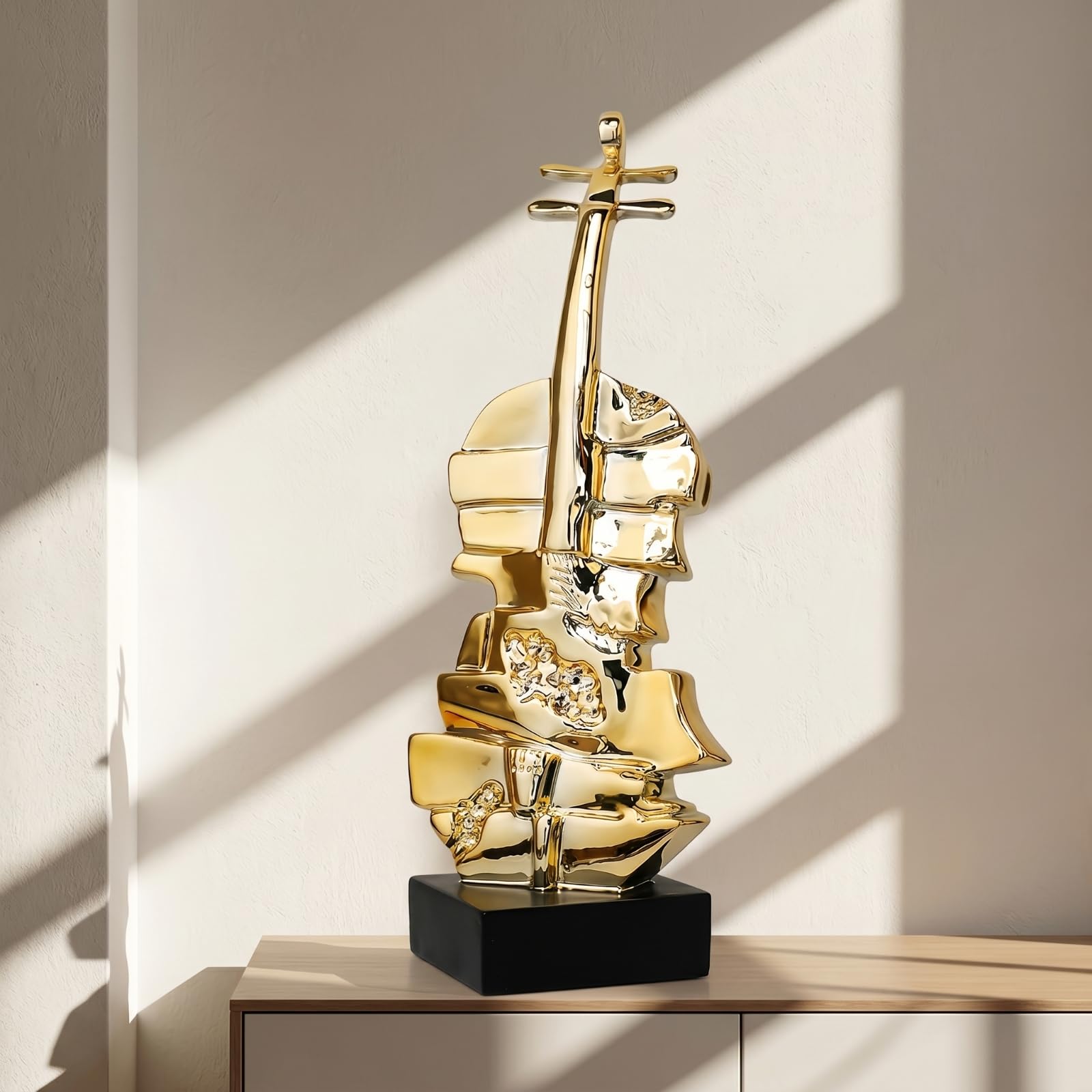 Colcolo Figurilla Violín con Acabado Dorado Brillante y Base Rectangular Negra para coración Escritorio Estante y Oficina Acuado para Regalo coración l Hogar