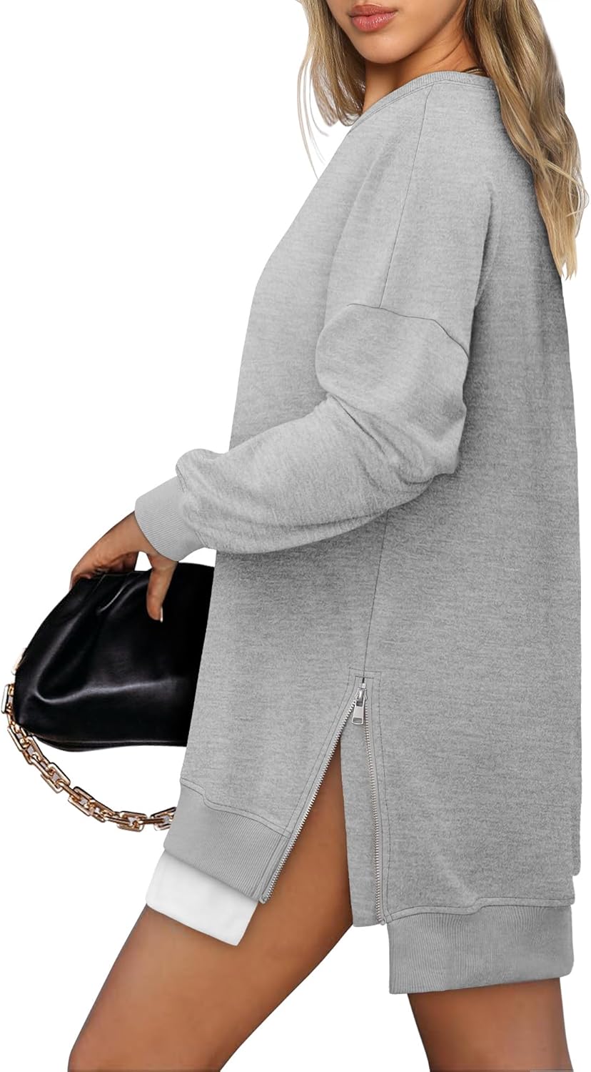 CHICZONE Crew Neck Oversized Sweatshirt Zipper Slit Long Sleeve Pullover for Women 2025 Trendy Fall Clothes