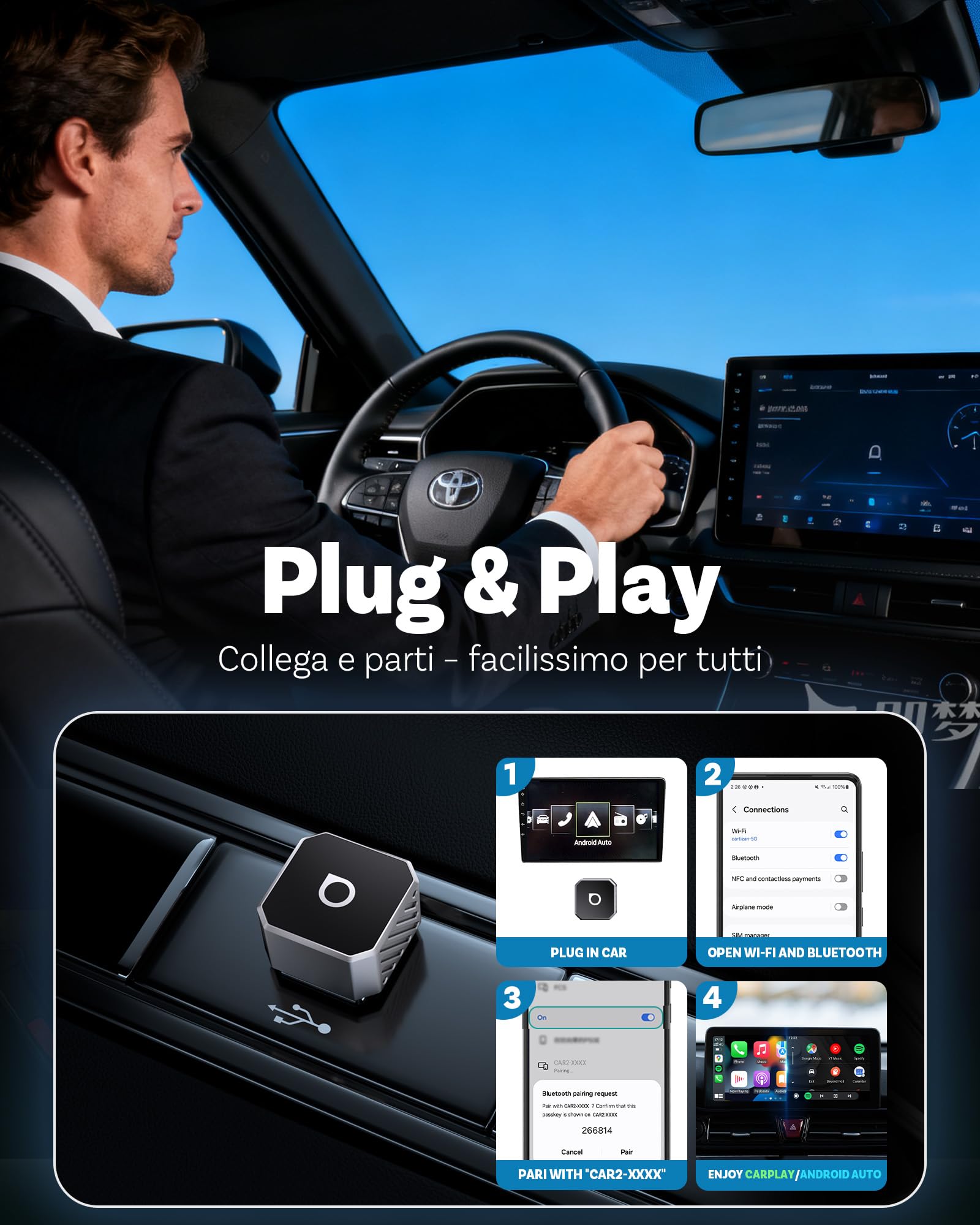 Ottocast Mini Cube 3.0 Adattatore CarPlay Wireless – Dongle USB-C Ultra Mini, Riconnessione Automatica 5–8 s, Memoria Doppio Telefono, Da CarPlay Cablato a Wireless & Android Auto, Aggiornamenti OTA