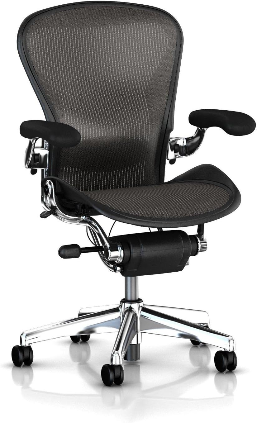 Herman Miller Polished Aluminum Aeron Executive Chair Highly Adjustable with Lumbar Support Pad, Vinyl Arm Pads and Hard Floor Casters - Small Size (A) Classic Dark Carbon Pellicle Chrome Home Office