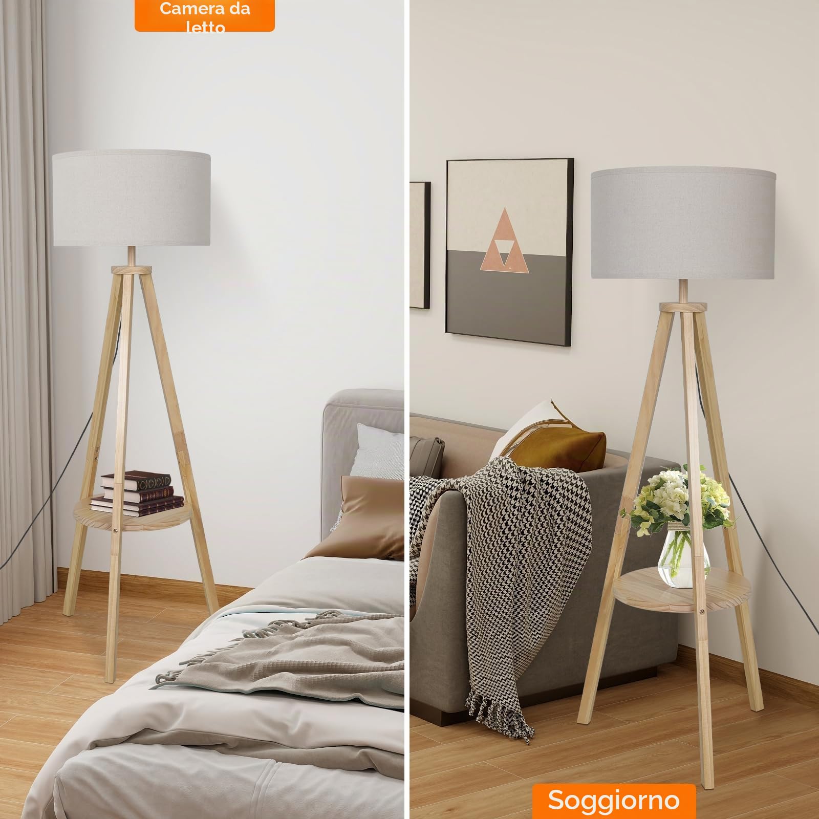 YU YUSING Lampada da Terra Treppiede in Legno Solido 160cm, Lampada da Pavimento con Ripiano Portaoggetti, Presa E27 per Soggiorno, Camera da Letto, Studio, Ufficio, Retrò (Senza Lampadina)