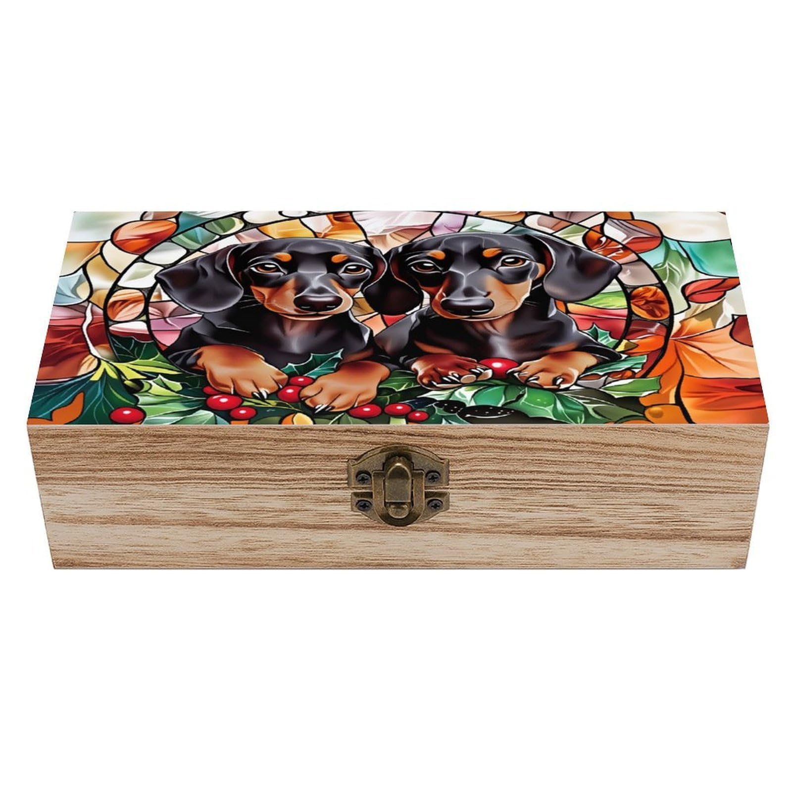 asbwuo Dachshund in Flower Vintage Wooden Keepsake Box