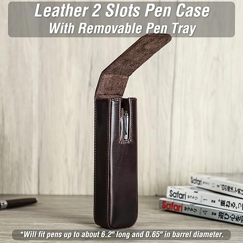 Miniatura 3 de Estuche de cuero genuino de grano superior para 2 bolígrafoslápices, diseño minimalista de moda, hecho a mano, cierre magnético con diseño de cajón,