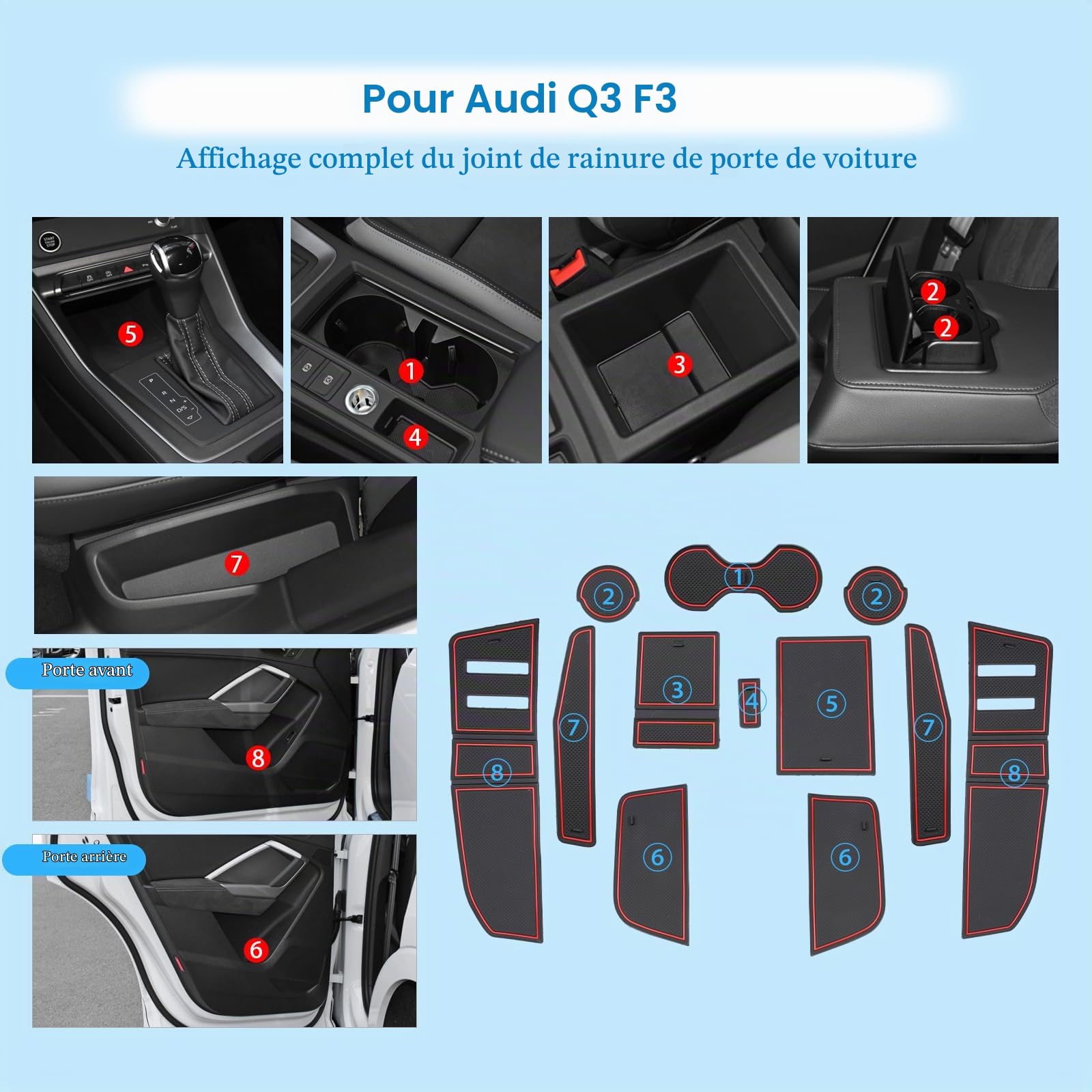Tapis Anti-dérapants Compatible avec Audi Q3 F3 2019-2024, Tapis en Caoutchouc pour Accoudoir, Console Centrale, Porte-Gobelet, Rainure de Porte, Audi Q3 Tapis Antidérapante (Rouge)
