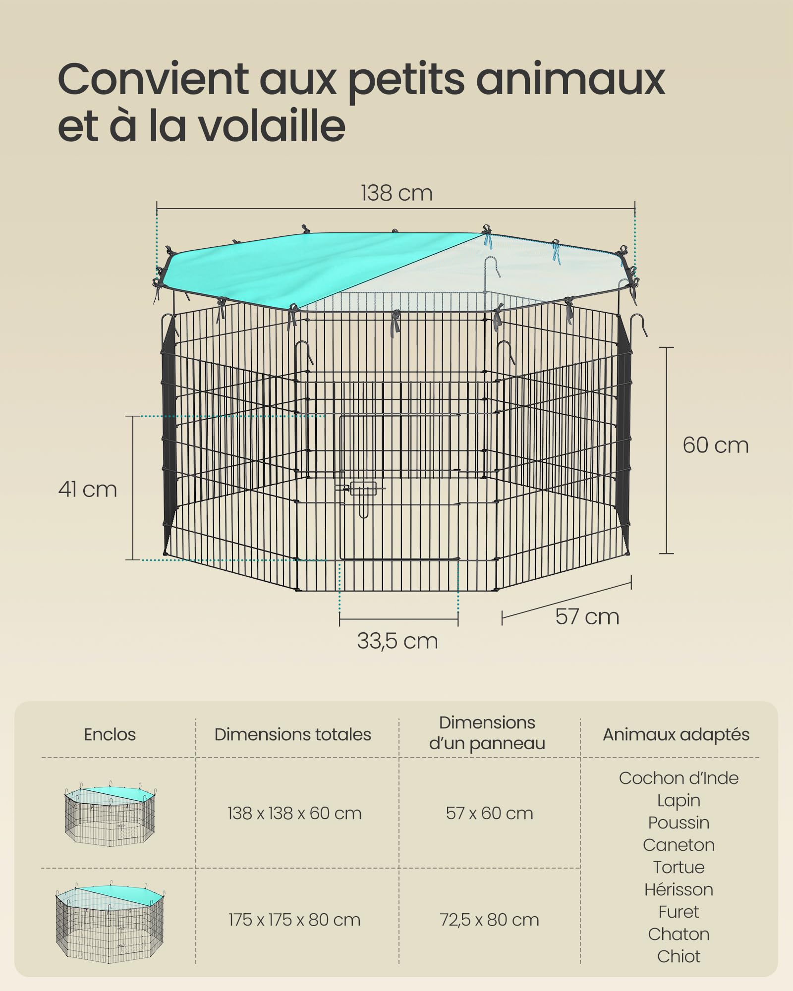 SONGMICS Enclos pour Petits Animaux 8 Panneaux 138 x 138 x 60 cm Noir d'encre avec Toit Respirant Protection Solaire