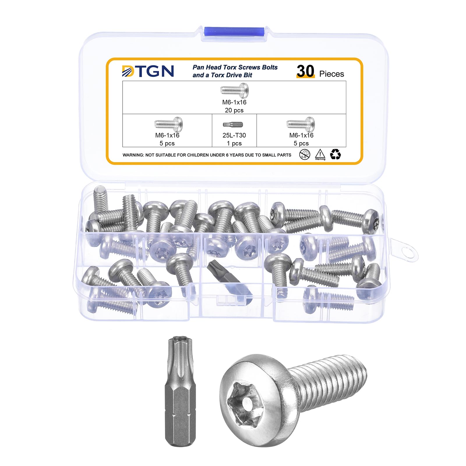 DTGN M6x16mm Pan Head Torx Security Screws, 30Pack, Good for Machinery