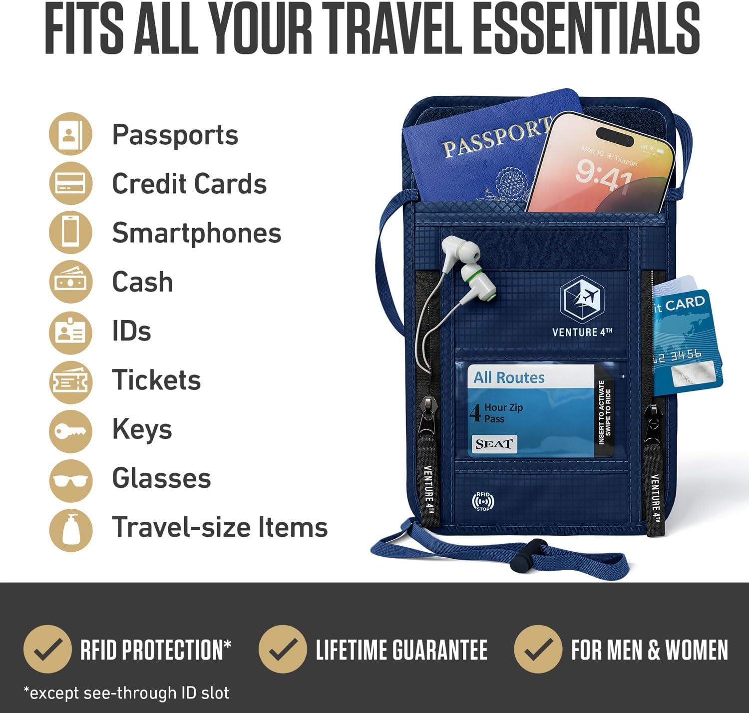VENTURE 4TH Neck Wallet for Women & Men – RFID Blocking Passport Holder for Travel, Hidden Neck Pouch with 6 Compartments, Slim Lightweight Travel Organizer with Adjustable Strap (Navy Blue) - Image 2