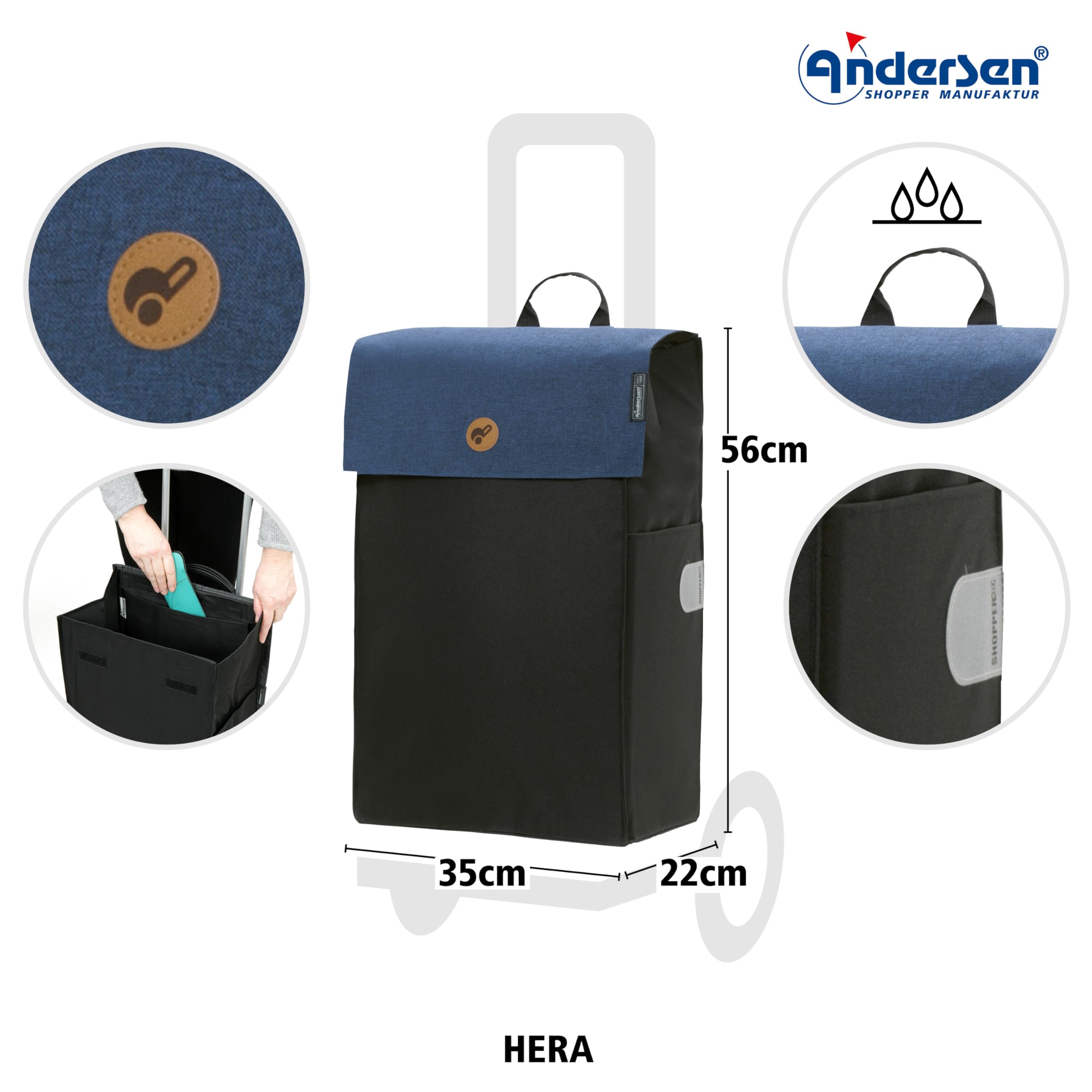 ANDERSEN Einkaufstrolley - Komfort Shopper Hera blau | mit Sitz, klappbar, aus Stahl, bis 50 kg - Tasche mit Seitentasche, Innenfach, Reflektoren, 47 L