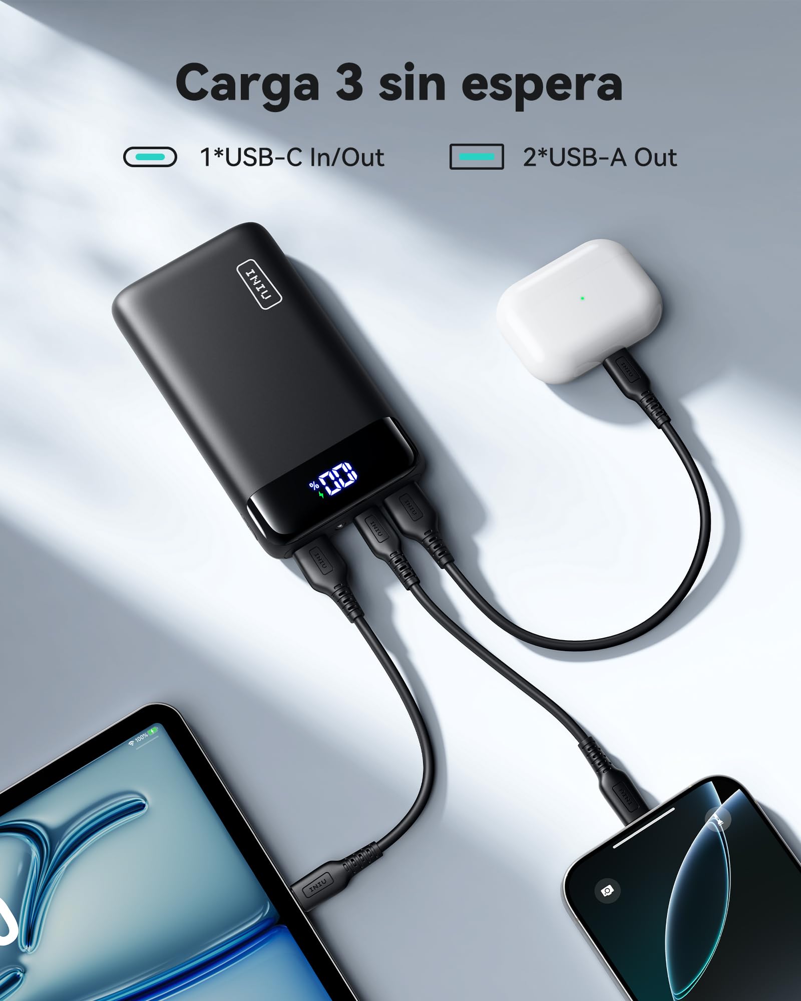 INIU Power Bank, 20000mAh 22,5W Carga Rapida Bateria Externa, Apto para Avión, Esenciales de Viaje, Bateria Portatil para iPhone 17 16, Samsung S25, iPad, Xiaomi etc