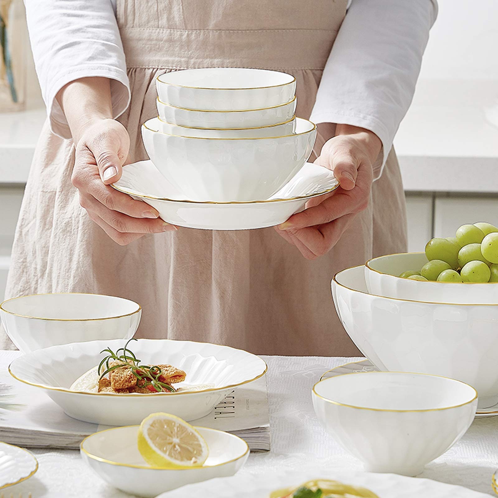 Zestaw naczyń / talerzyków / misek, ceramiczne zestawy obiadowe, 60-częściowy zestaw zastawy stołowej z porcelany kostnej Phnom Penh | Porcelanowa miska na płatki śniadaniowe i zestaw talerzy