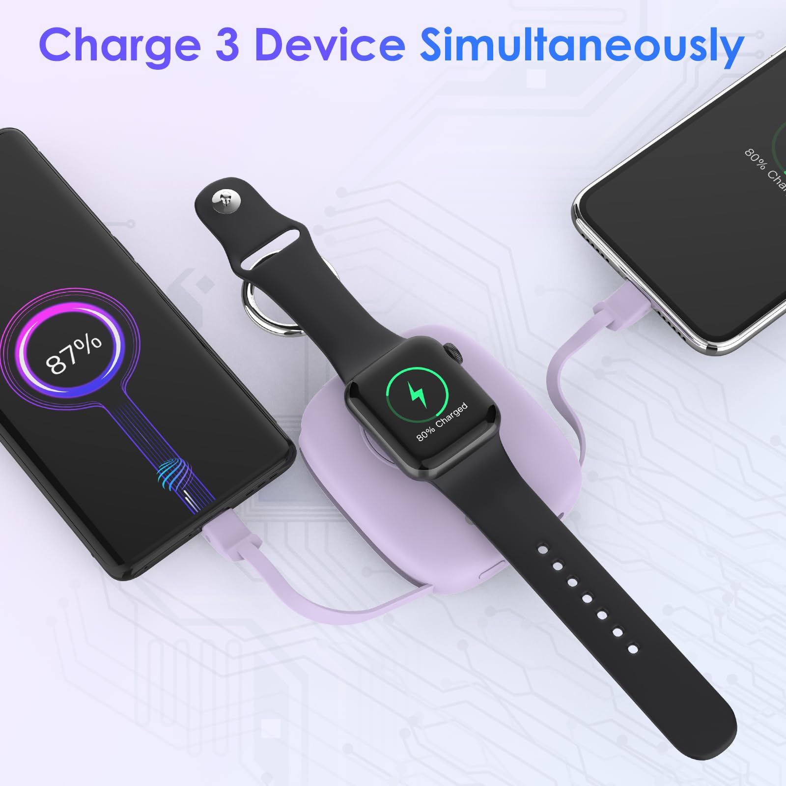 iWatch, mini batteria da 5000 mAh, caricabatterie wireless portatile con cavo integrato, portachiavi da viaggio per Apple Watch 9/Ultra2/8/Ultra/7/6/SE/5/4/3, iPhone 15/14/13/12/11, telefoni Android