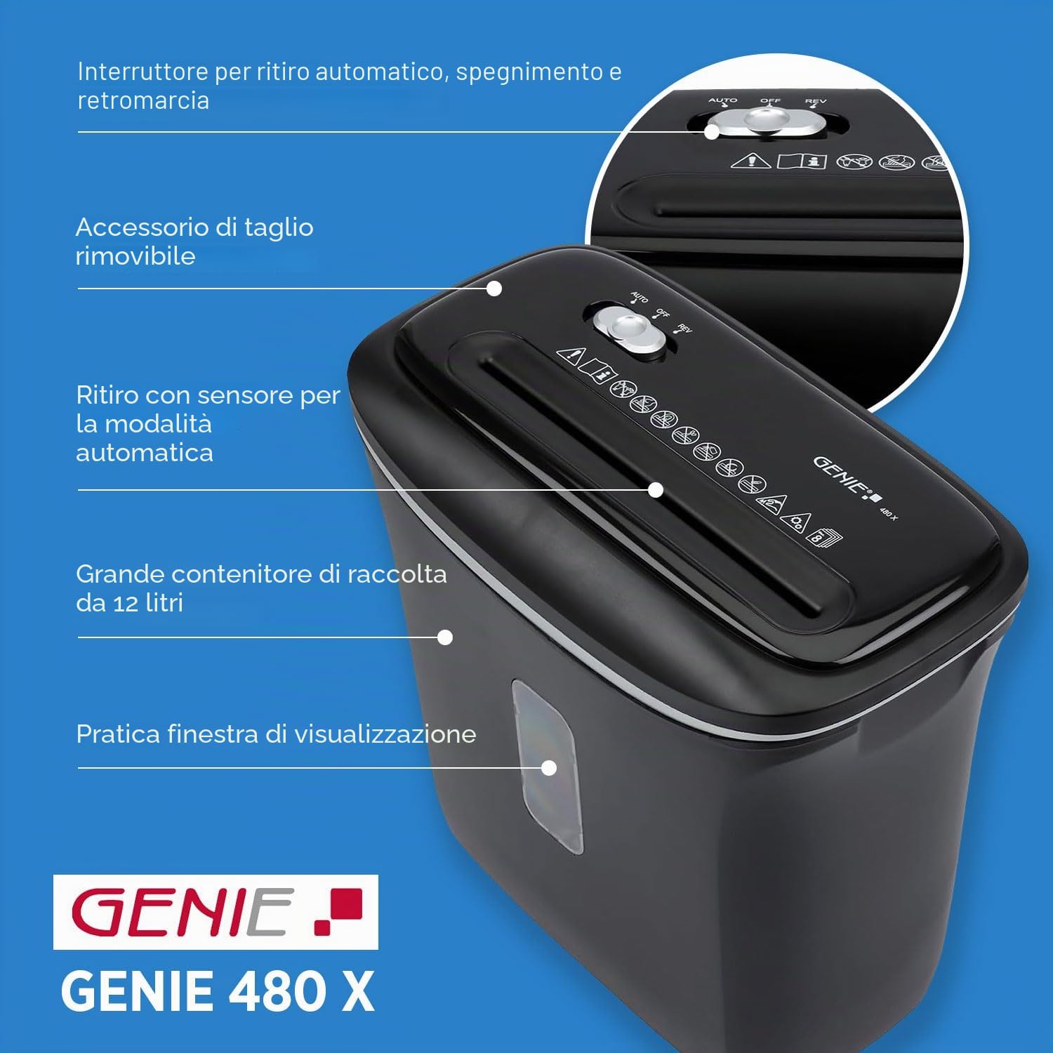 Genie - Distruggidocumenti Power 480 X | Alto livello di sicurezza P4 con fino a 8 fogli di taglio a particelle | Distruggidocumenti con cestino da 12 l in nero