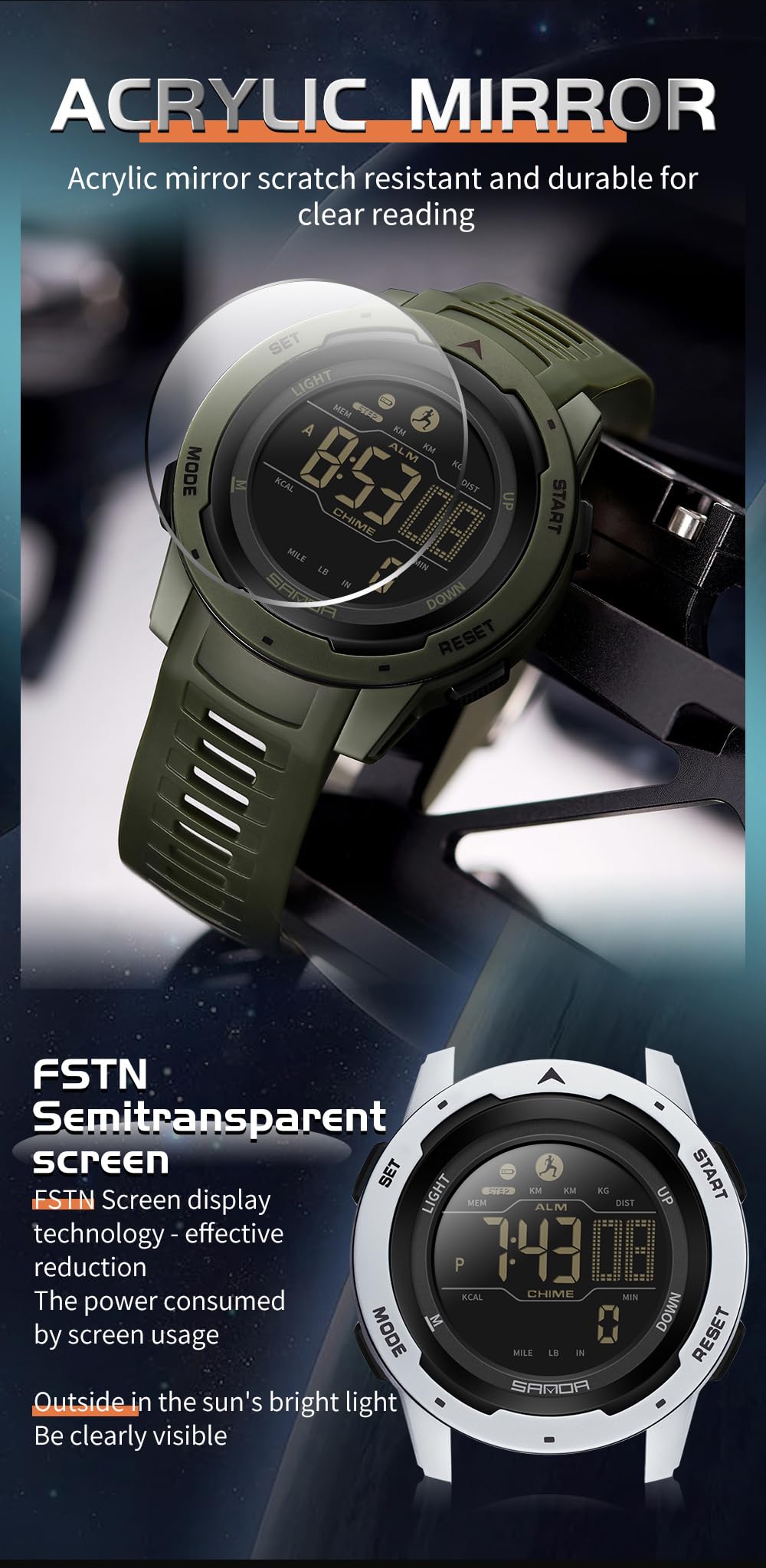 Fanmis Unisexe Podomètre Montres Militaire Multifonctionnel 50M Etanche Numérique Sport Extérieur Montre Vert