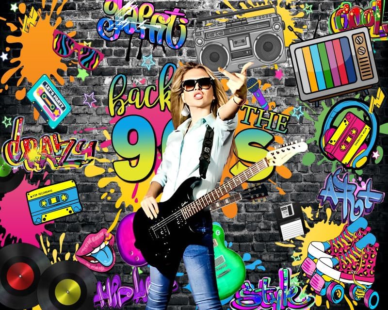 Miniatura 5 de Telón de fondo de los años 90 para decoración de fiestas, pared de graffiti de hip hop, fondo de fotografía de regreso a los años 90, para sesión de