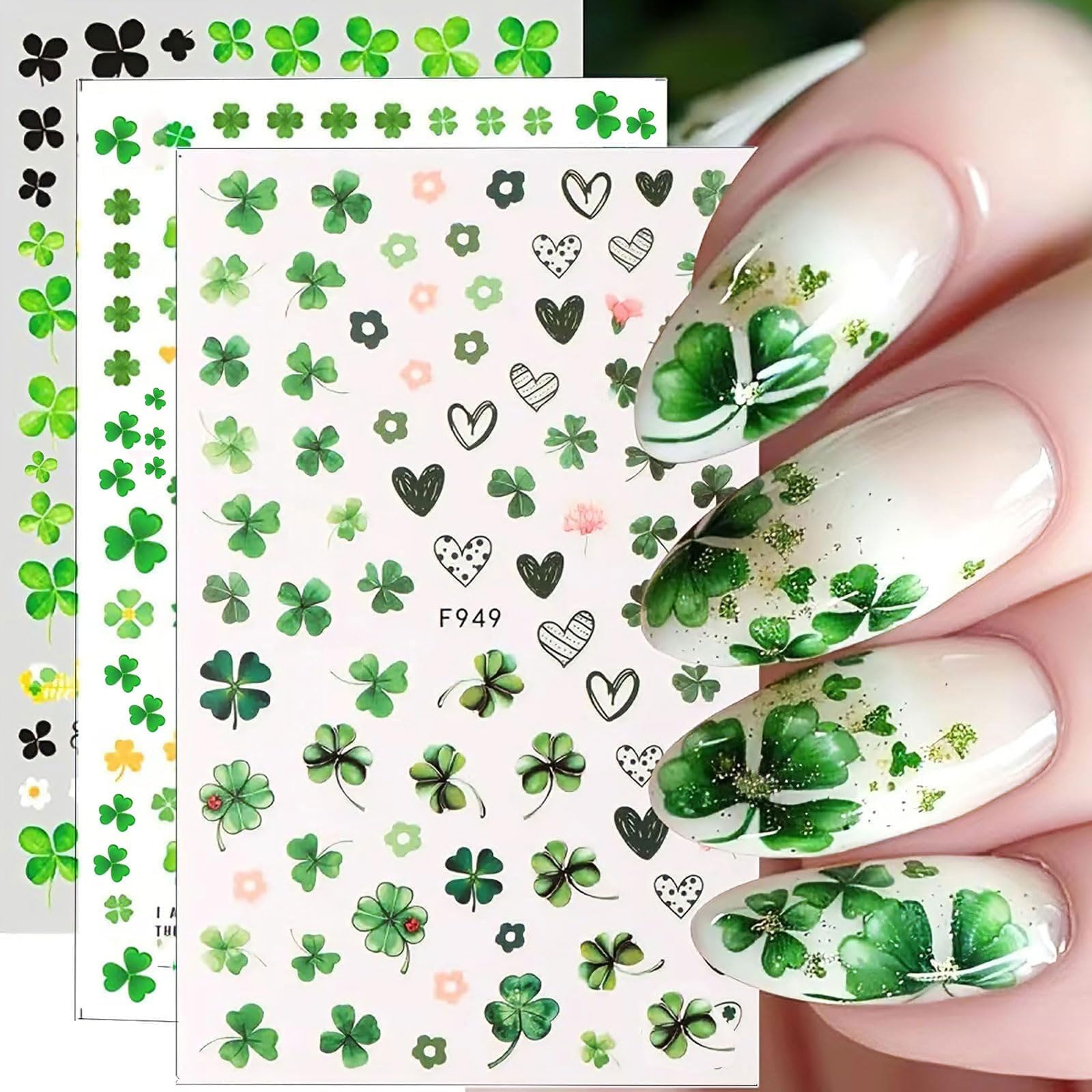 St. Patrick's Day Nail Stickers 4 Sheets - 3D Green Shamrock Nail Decals, Self-Adhesive Irish Nail Art Decorations for Women & Girls - Perfect for