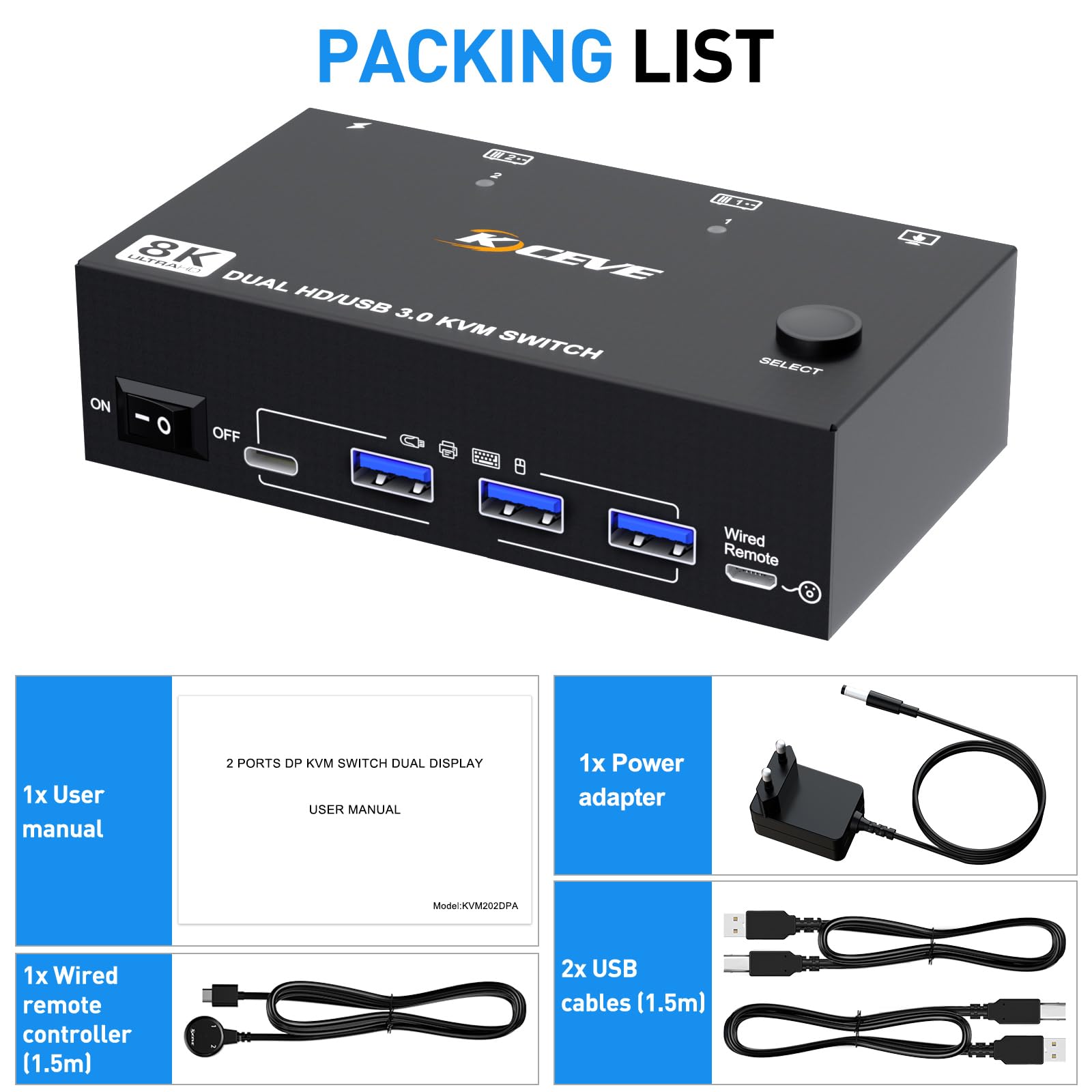 Commutateur KVM 8K@60Hz 4K@120Hz 2 PCs 2 moniteurs, commutateur KVM HDMI double moniteur avec 4 ports USB 3.0, télécommande filaire et câbles USB 3.0 inclus