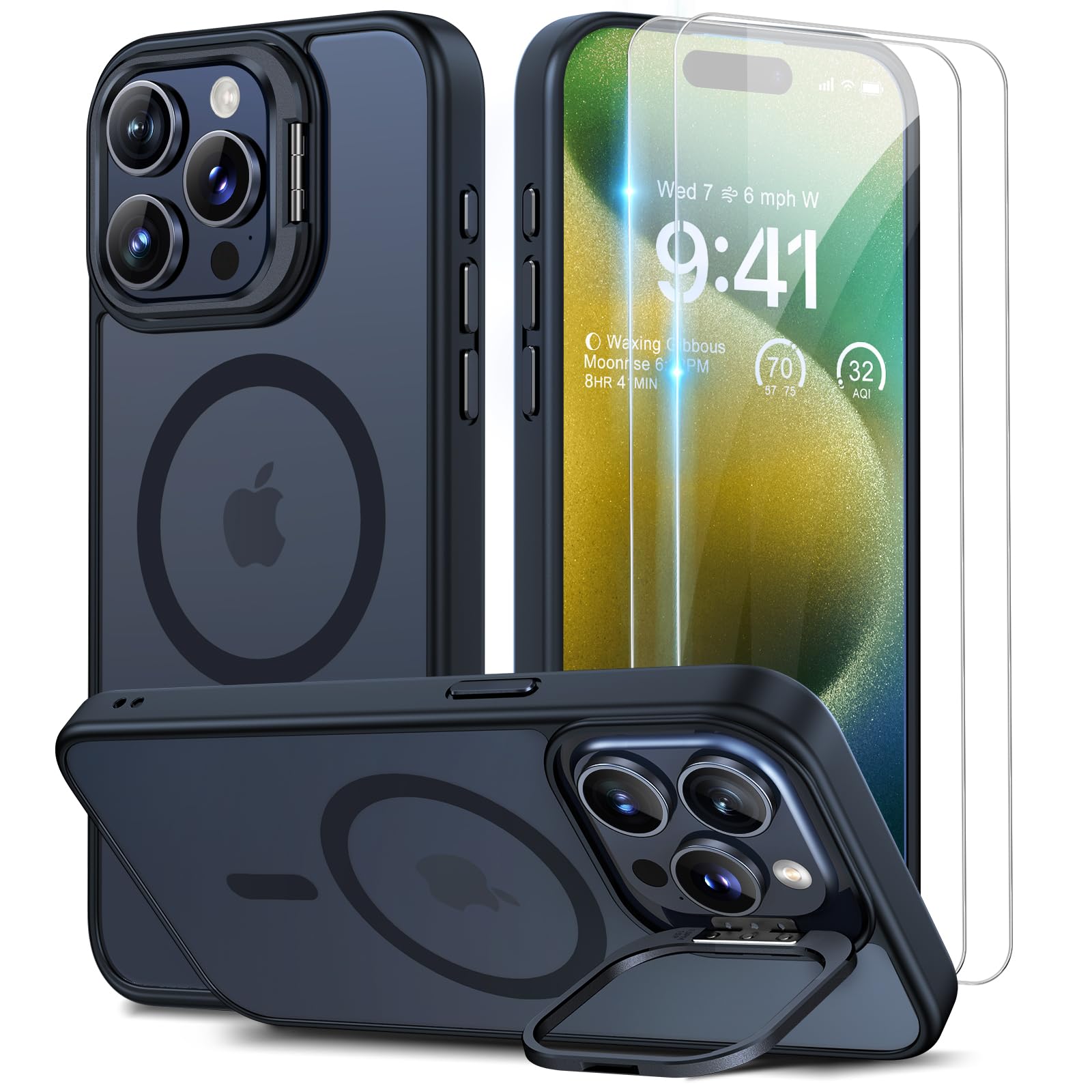 Beeasy für iPhone 15 Pro Max Hülle für MagSafe mit Ständer, Handyhülle mit 2 Stück Schutzfolie für iPhone 15 Pro Max Case Magnetische Stoßfest Schutzhülle Cover, Durchscheinend Matt Schwarz