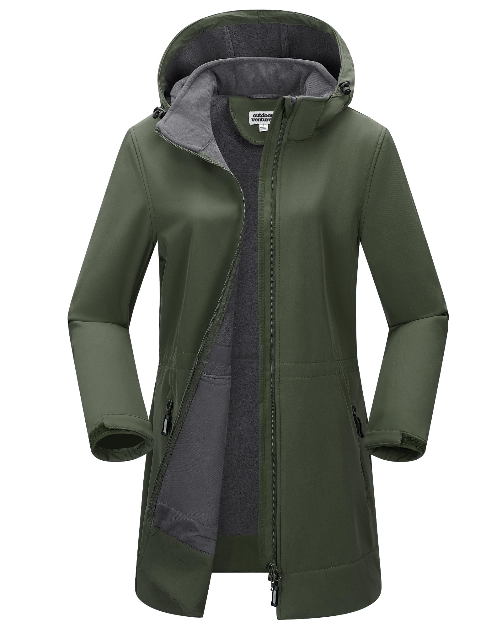 Outdoor Ventures Chaqueta larga softshell con capucha para mujer, a prueba de viento forrada de forro polar, cortavientos impermeable
