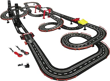 Master Racer - 1:43 Scale G5 & G6 Slot Car Track, Electric Power Toy Set, 8'3" x 4'6", 4 Magnetic Cars w/Head Lights, 2 Speed Controllers