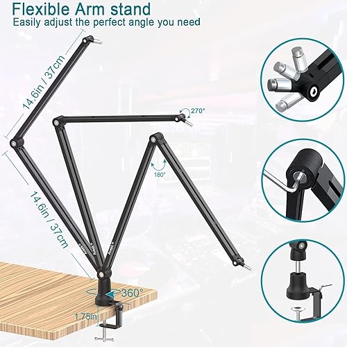 Miniatura 2 de Aveek - Soporte de micrófono con brazo de brazo, brazo de micrófono de metal ajustable para HyperX QuadCastBlue YetiShure SM7BRode NT1, soporte de
