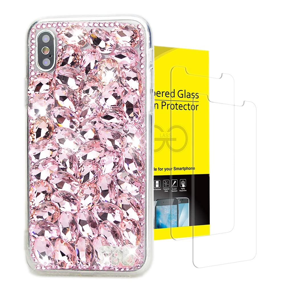 AS-Zeke Glitter Elegant Phone Case Compatible with iPhone 14 Pro Max 2022, 3D Handmade Series Pretty Rhinestone Rhinestone Crystal Bling Design Cover Case with Screen Protector [2 Pack] - Pink