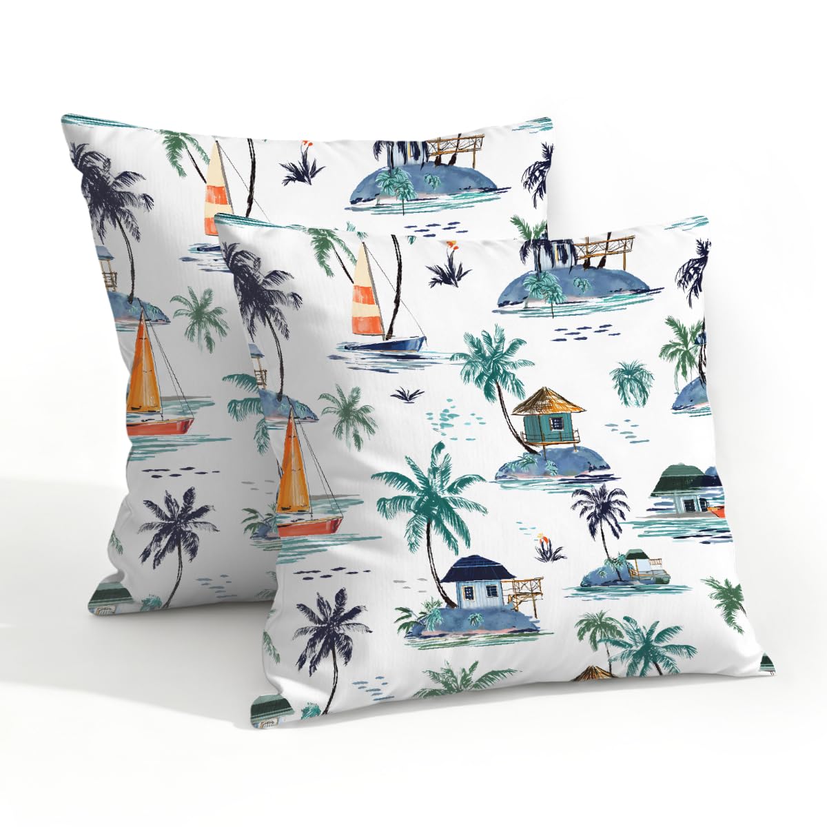 Outdoor Pillow Covers Waterproof Pillowcases 20x20in Set of 2 Coastal Sailboats Palm Tree Decorative Throw Cushion Case for Couch Sofa Garden Patio Furniture