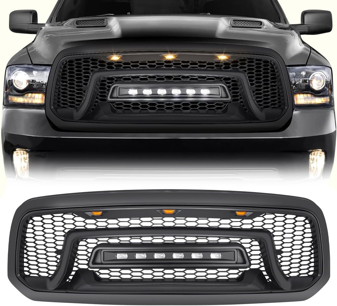 Front Grille Compatible with 2013-2018 Dodge Ram 1500, 2019-2023 Ram 1500 Classic, Matte Black Bumper Grill w/Off-Road Lights