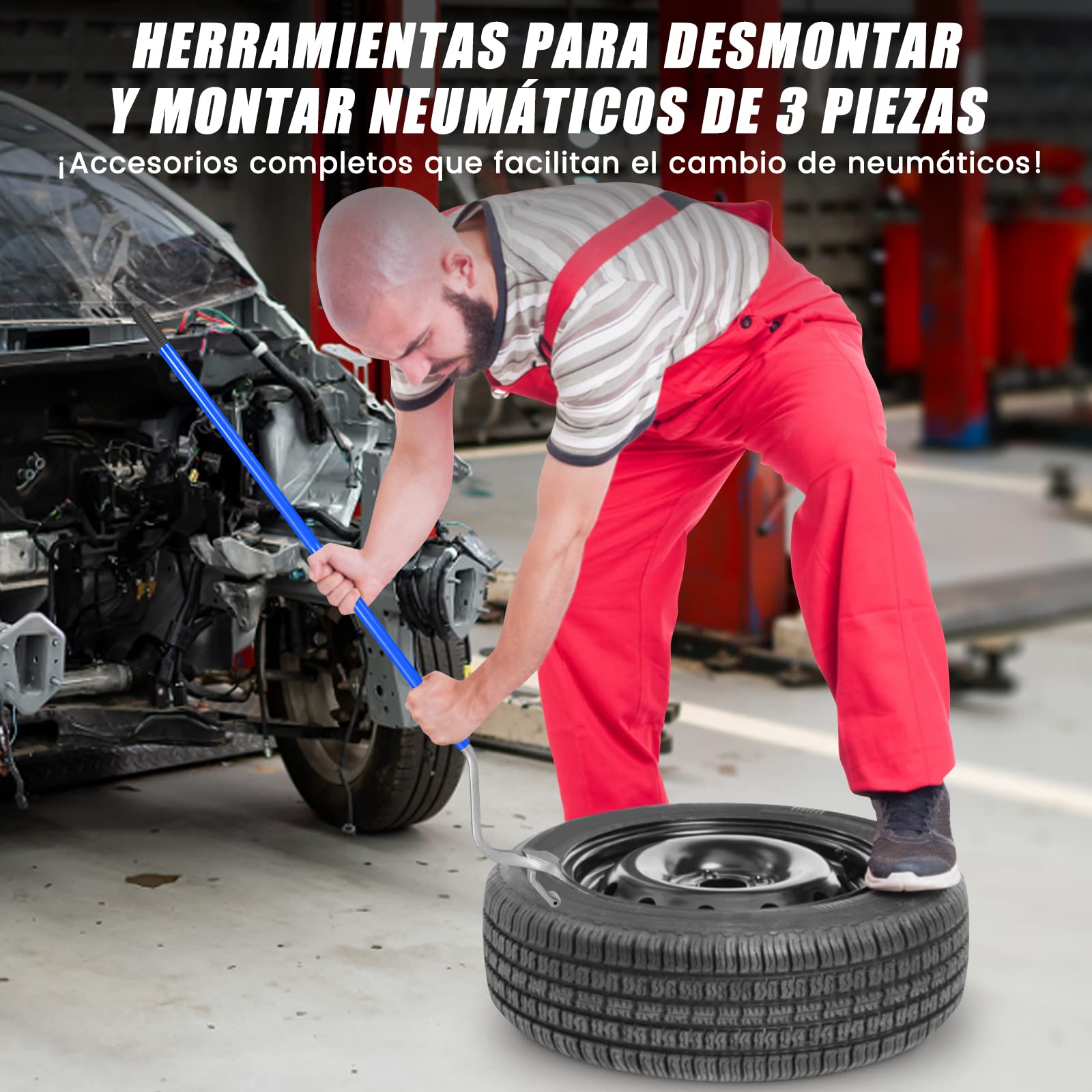 COSTWAY Herramienta para Montar y Desmontar Neumáticos, Cambiador de Neumáticos de 44 cm a 62 cm, Conjunto de 3 Herramientas Manuales para Cambiar Neumáticos con Retenedor de Cuentas (Plateado+Azul)