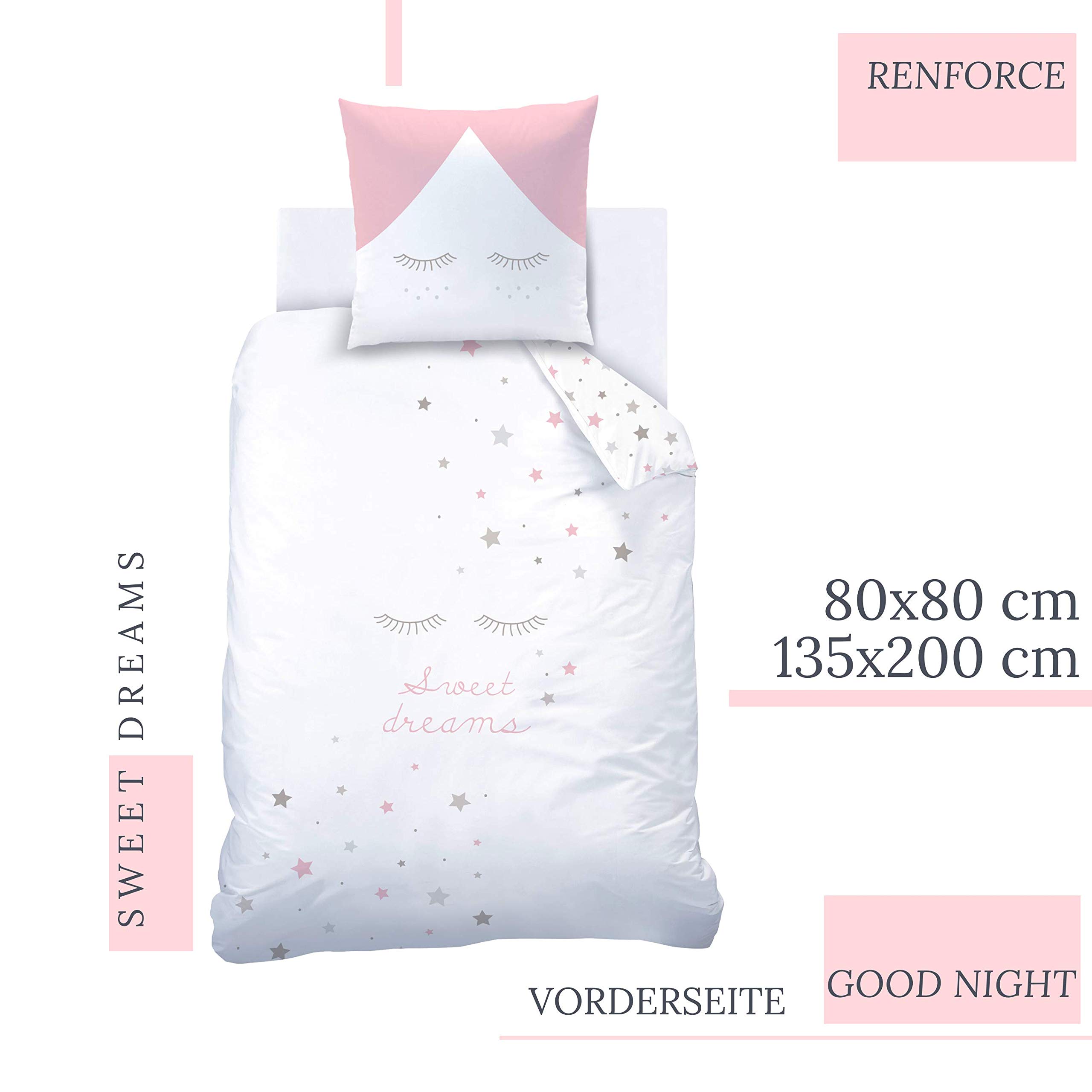 Sweet Dreams Juego de Ropa de Cama con diseño de Estrellas, 135 x 200 cm, Ropa de Cama Infantil, pestañas y Estrellas, Funda de Almohada de 80 x 80 cm y Funda nórdica de 135 x 200 cm, 100% algodón