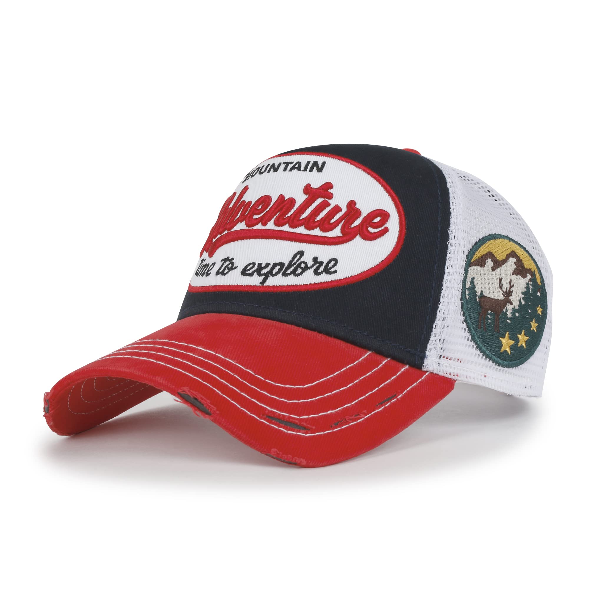Premium Adventure Patch Structured Trucker Hat Distressed Baseball Cap