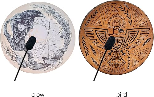 Miniatura 8 de Firlar Tambor de chamán, tambor de chamán hecho a mano con patrón de cuervo de 10 pulgadas con baqueta, instrumento espiritual, aspecto exquisito,
