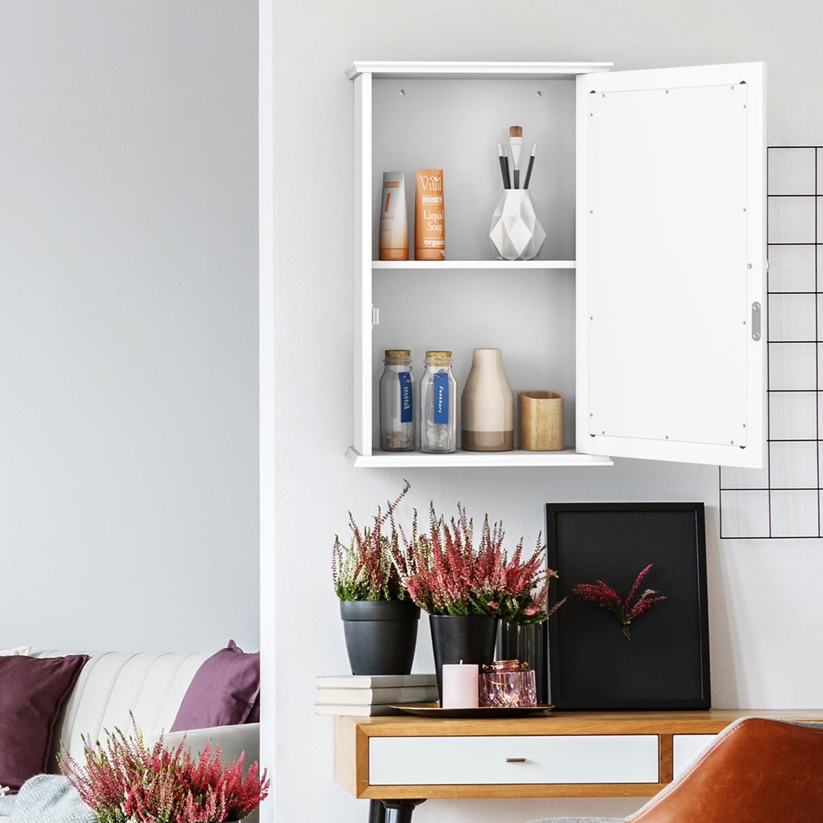 COSTWAY Armoire de Salle de Bain avec Miroir, Armoire Miroir Murale à 2 Niveaux, pour Pharmacie, Salle de Bain, avec Etagère Réglable (Blanc)